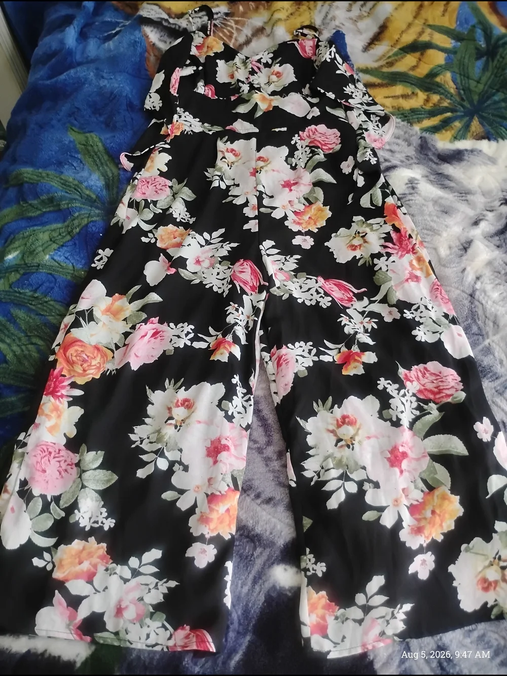 Girls' Black Floral Wide-Leg Casual Jumpsuit Dress